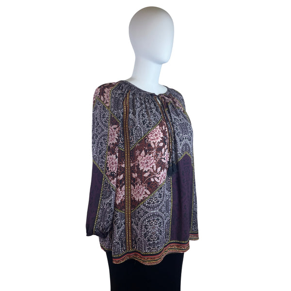 Daniel Rainn Womens Multicolor Printed Boho Blouse Tassel Detail Size 3X