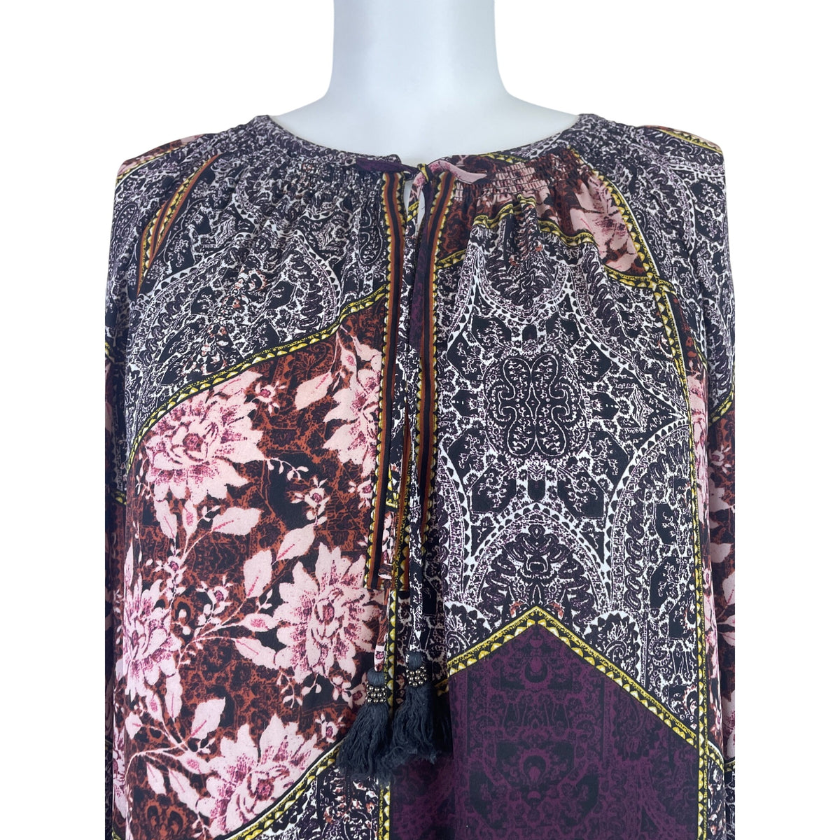 Daniel Rainn Womens Multicolor Printed Boho Blouse Tassel Detail Size 3X
