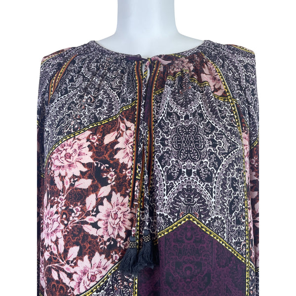 Daniel Rainn Womens Multicolor Printed Boho Blouse Tassel Detail Size 3X
