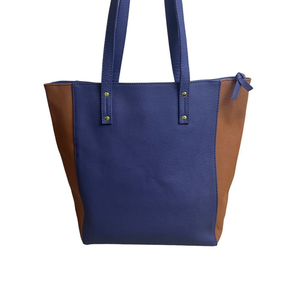 Joy Mangano Brown And Blue Leather Colorblock Tote Bag Sz L - NWOT