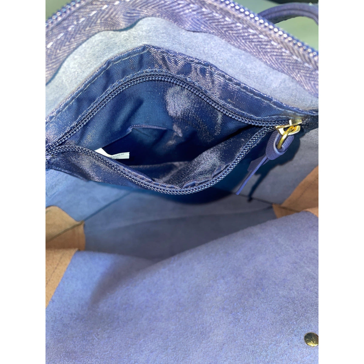 Joy Mangano Brown And Blue Leather Colorblock Tote Bag Sz L - NWOT