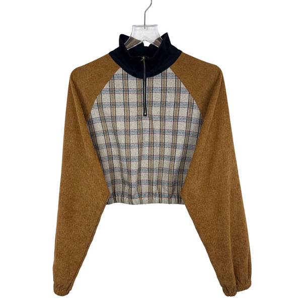 Plaid Pattern Womens Brown & Beige Long Sleeve Quarter-Zip Pullover Fleece Large