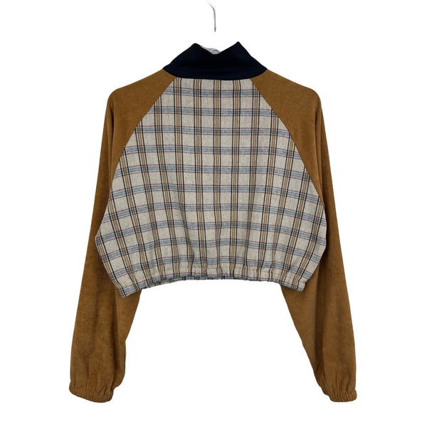 Plaid Pattern Womens Brown & Beige Long Sleeve Quarter-Zip Pullover Fleece Large