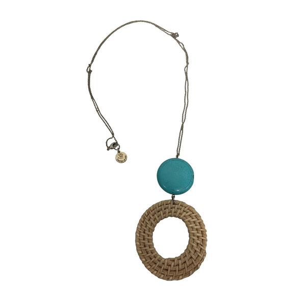 Naturalizer Womens Beige & Turquoise Wicker Statement Pendant Necklace Adjustable Chain