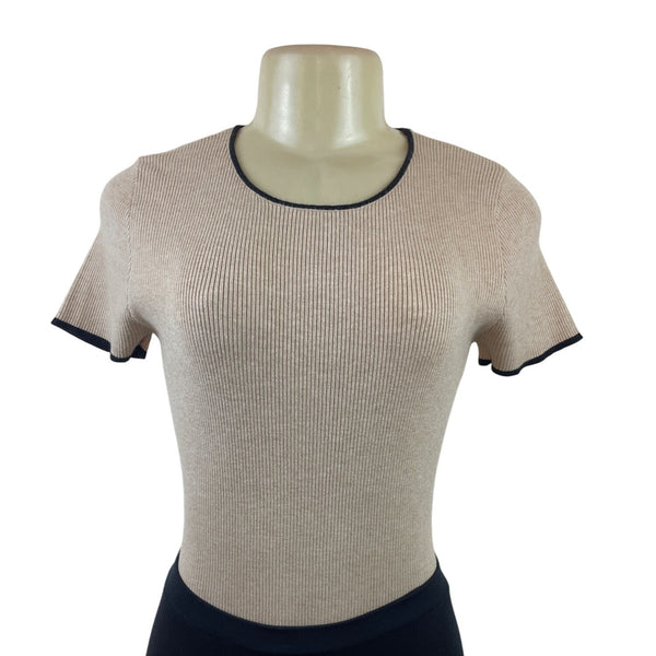 Gilli Women Ribbed Beige Bodysuit With Black Trim Short Sleeve Snap Closure Sz S