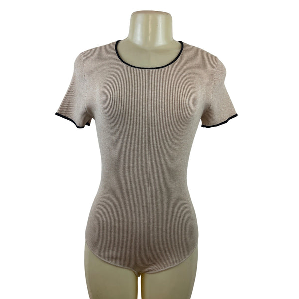 Gilli Women Ribbed Beige Bodysuit With Black Trim Short Sleeve Snap Closure Sz S