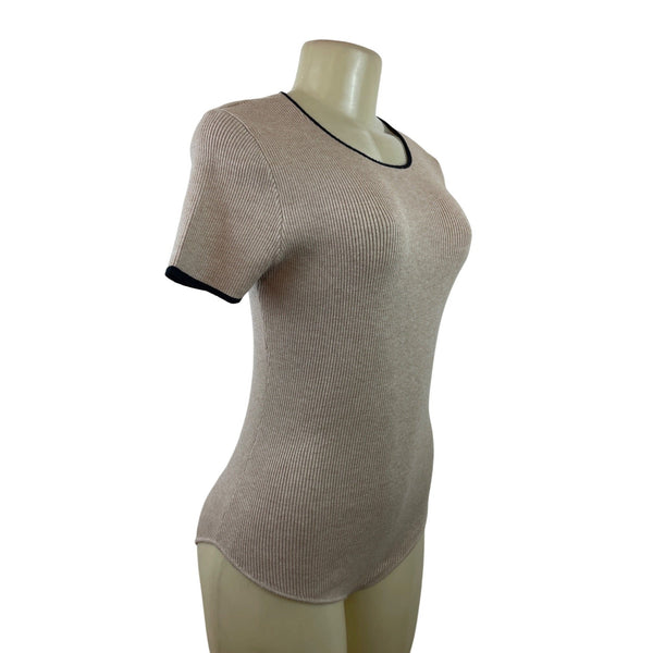 Gilli Women Ribbed Beige Bodysuit With Black Trim Short Sleeve Snap Closure Sz S