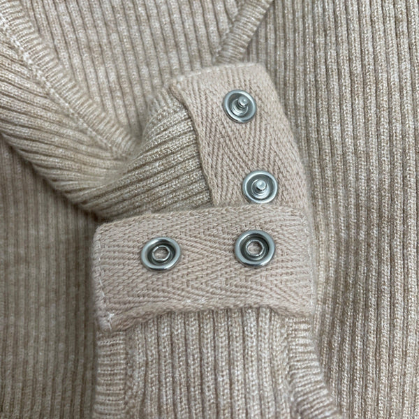 Gilli Women Ribbed Beige Bodysuit With Black Trim Short Sleeve Snap Closure Sz S