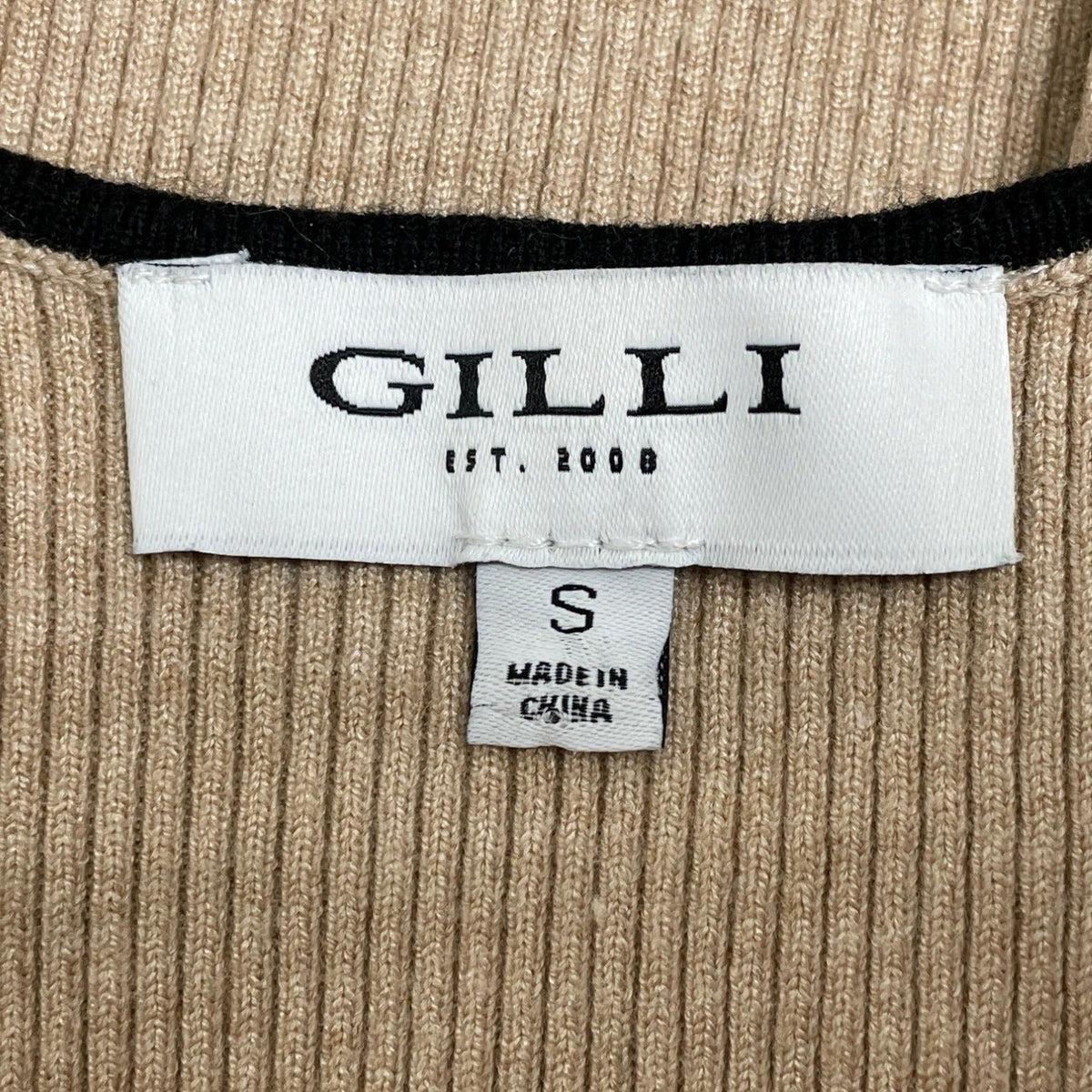 Gilli Women Ribbed Beige Bodysuit With Black Trim Short Sleeve Snap Closure Sz S