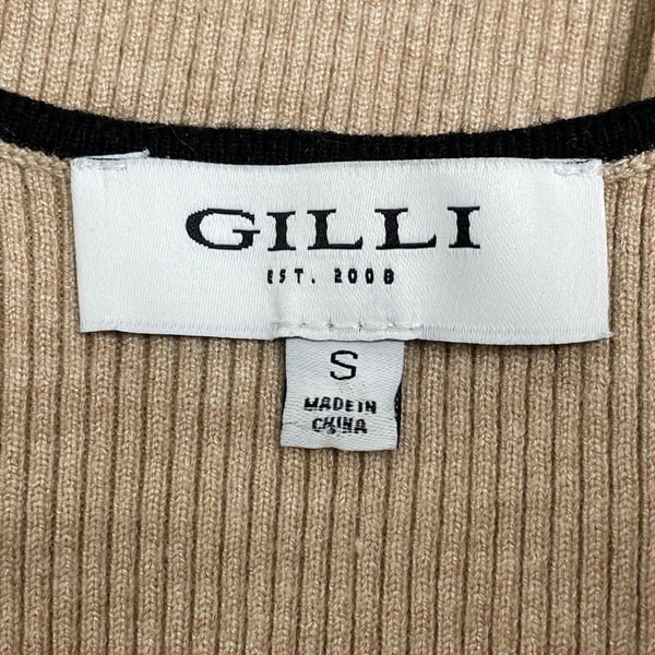 Gilli Women Ribbed Beige Bodysuit With Black Trim Short Sleeve Snap Closure Sz S