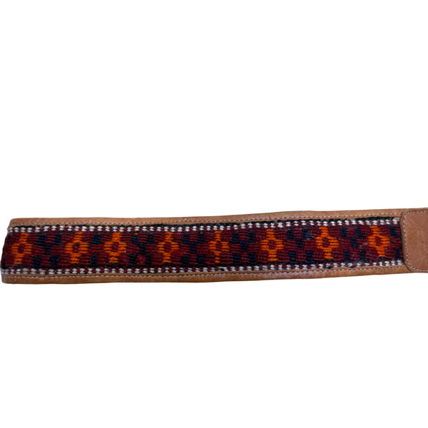 Vintage 1980s Women's Tan Leather & Textile Western Belt With Buckle 35 Inch Handmade