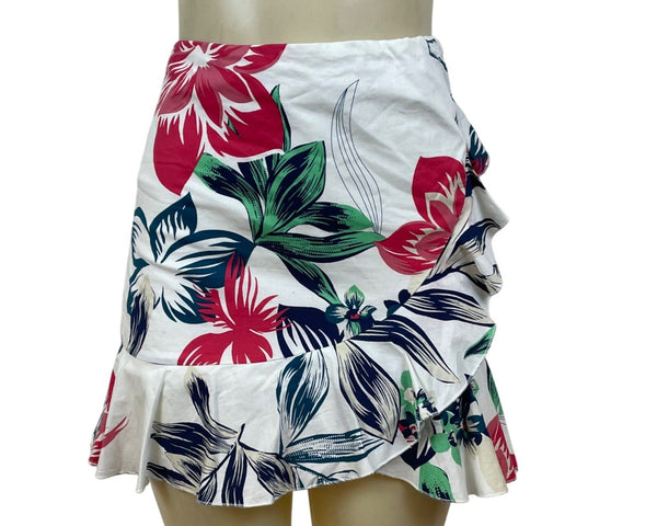 Aqua Women's White Tropical & Floral Wrap Mini Skirt With Ruffle Sz S - New