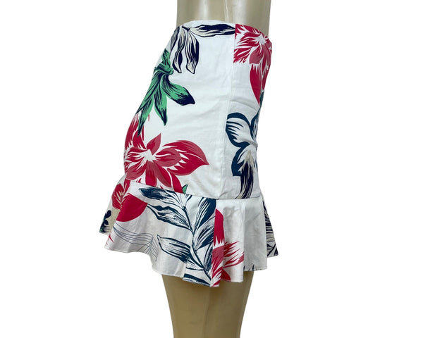 Aqua Women's White Tropical & Floral Wrap Mini Skirt With Ruffle Sz S - New