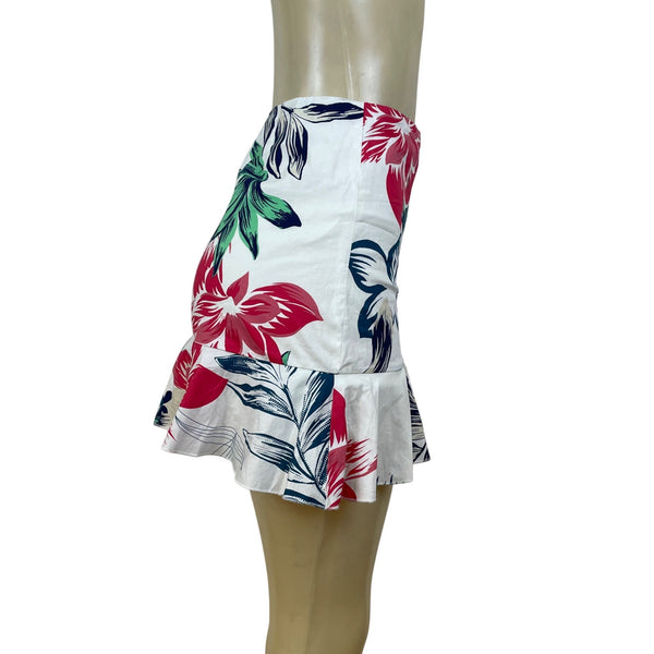 Aqua Women's White Tropical & Floral Wrap Mini Skirt With Ruffle Sz S - New