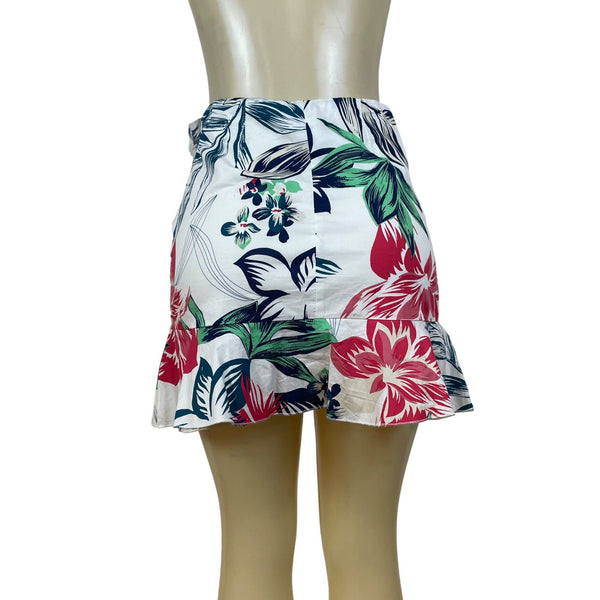 Aqua Women's White Tropical & Floral Wrap Mini Skirt With Ruffle Sz S - New