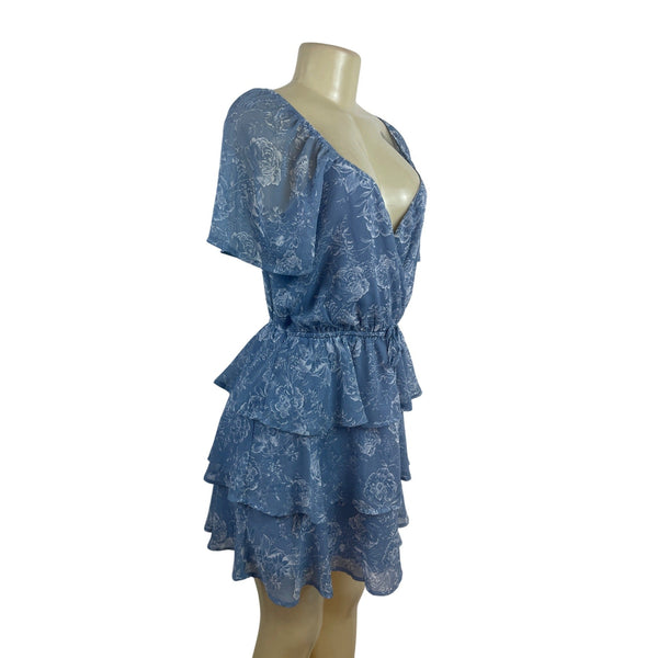 Trixxi Women’s Blue Floral Blouson Mini Dress With Tiered Ruffles Sz L - New