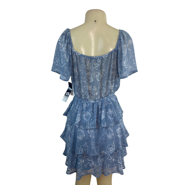 Trixxi Women’s Blue Floral Blouson Mini Dress With Tiered Ruffles Sz L - New
