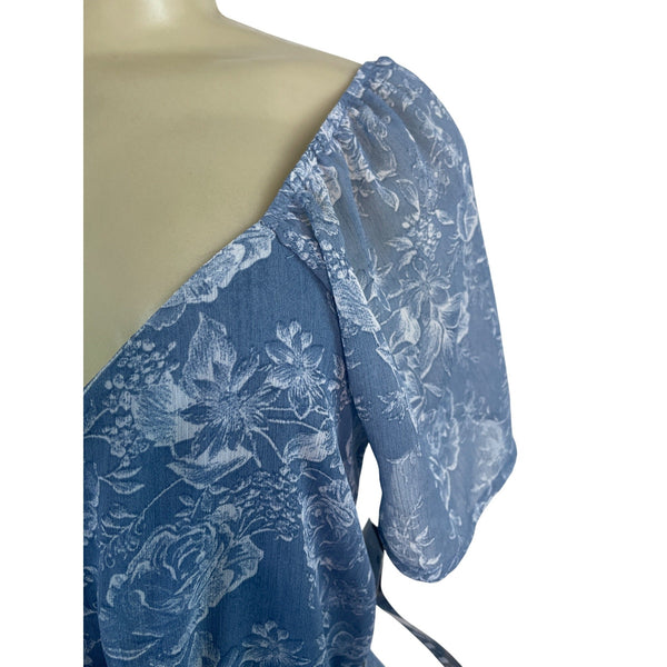 Trixxi Women’s Blue Floral Blouson Mini Dress With Tiered Ruffles Sz L - New