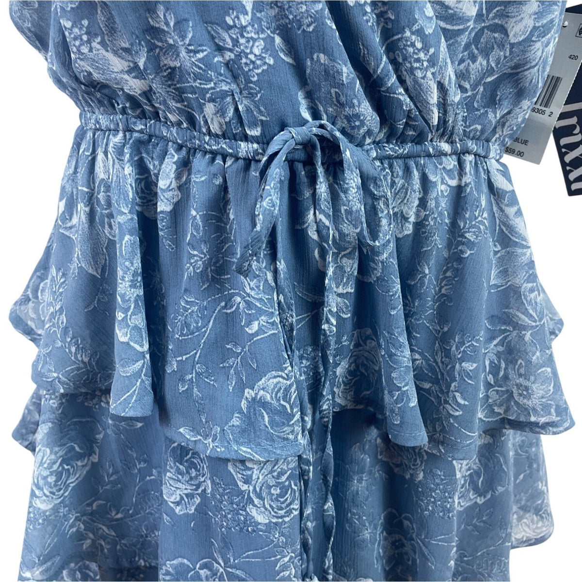 Trixxi Women’s Blue Floral Blouson Mini Dress With Tiered Ruffles Sz L - New