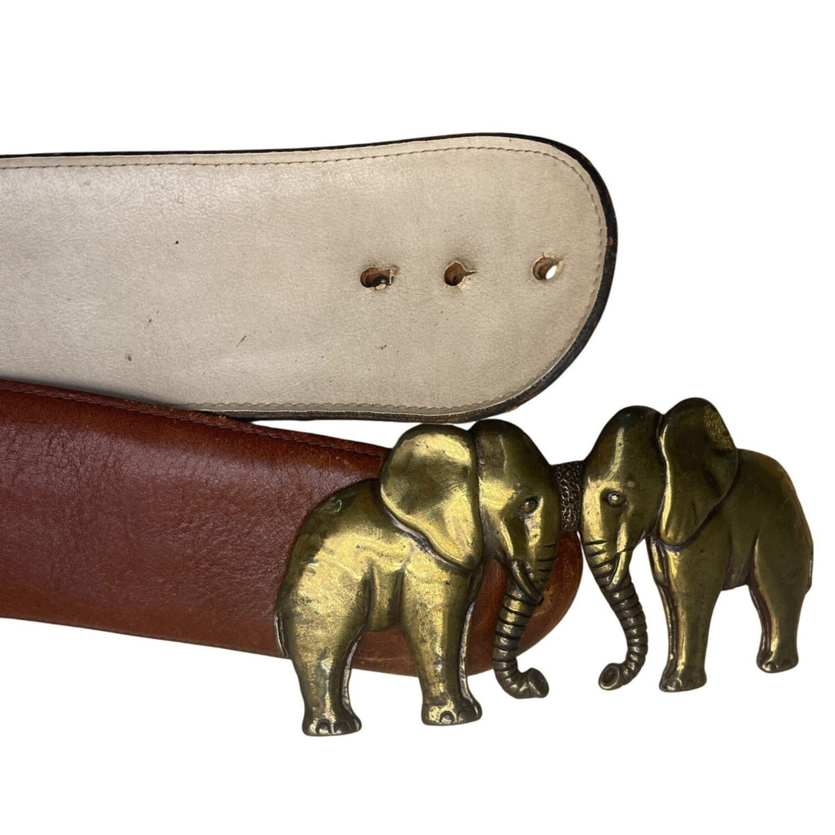 Vintage Tina Rose Brown Leather Belt With Brass Elephant Buckle