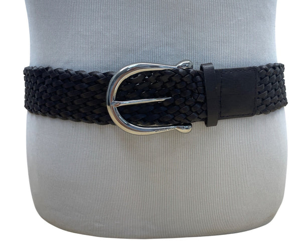 Michael Kors Genuine Leather Braided Belt With Silver Buckle M Brown