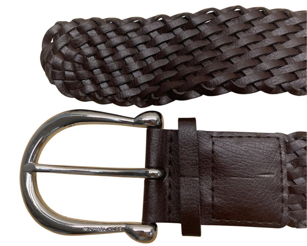 Michael Kors Genuine Leather Braided Belt With Silver Buckle M Brown
