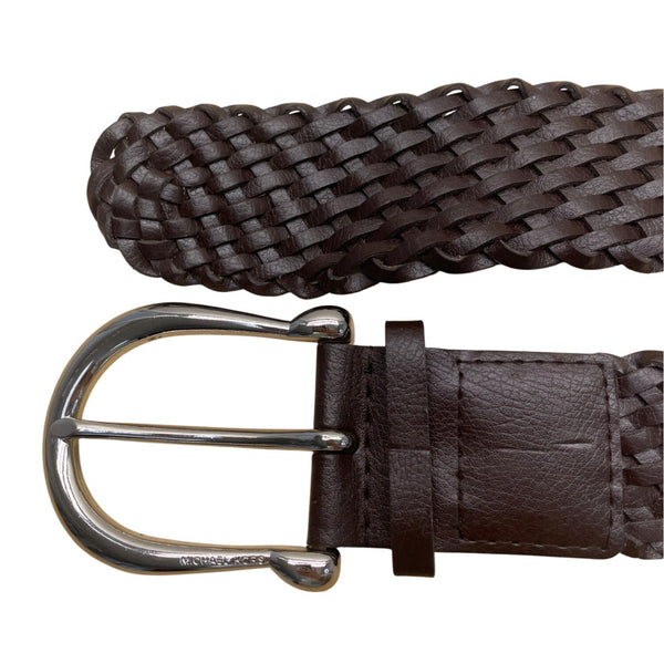 Michael Kors Genuine Leather Braided Belt With Silver Buckle M Brown