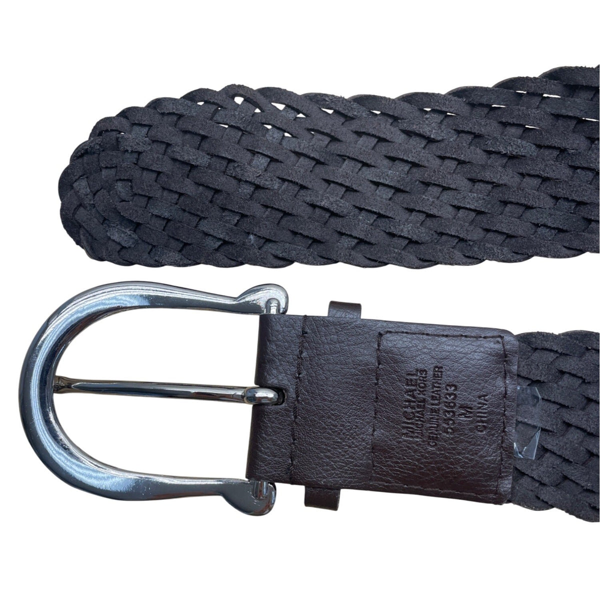 Michael Kors Genuine Leather Braided Belt With Silver Buckle M Brown