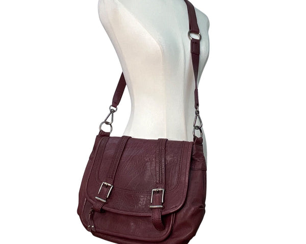 The Sak Burgundy Leather Crossbody Bag Adjustable Strap & Buckle Accents Sz M