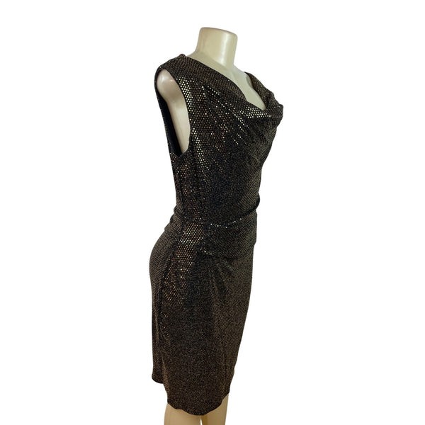Vince Camuto Black & Gold Metallic Sheath Dress With Draped Neckline Women Sz 10