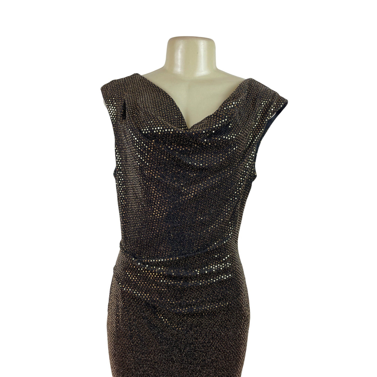 Vince Camuto Black & Gold Metallic Sheath Dress With Draped Neckline Women Sz 10