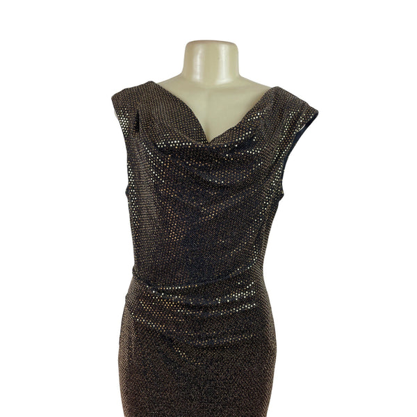 Vince Camuto Black & Gold Metallic Sheath Dress With Draped Neckline Women Sz 10