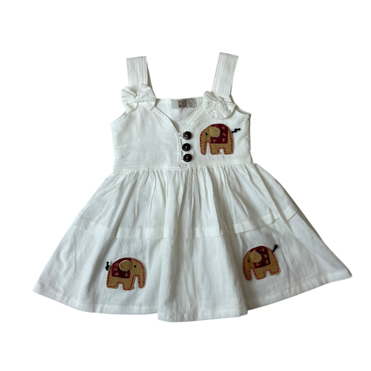 Walk Walk White Toddler Dress With Elephant Embroidery & Bow Straps Sz 1