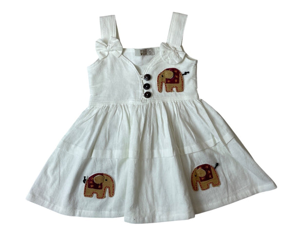 Walk Walk White Toddler Dress With Elephant Embroidery & Bow Straps Sz 1