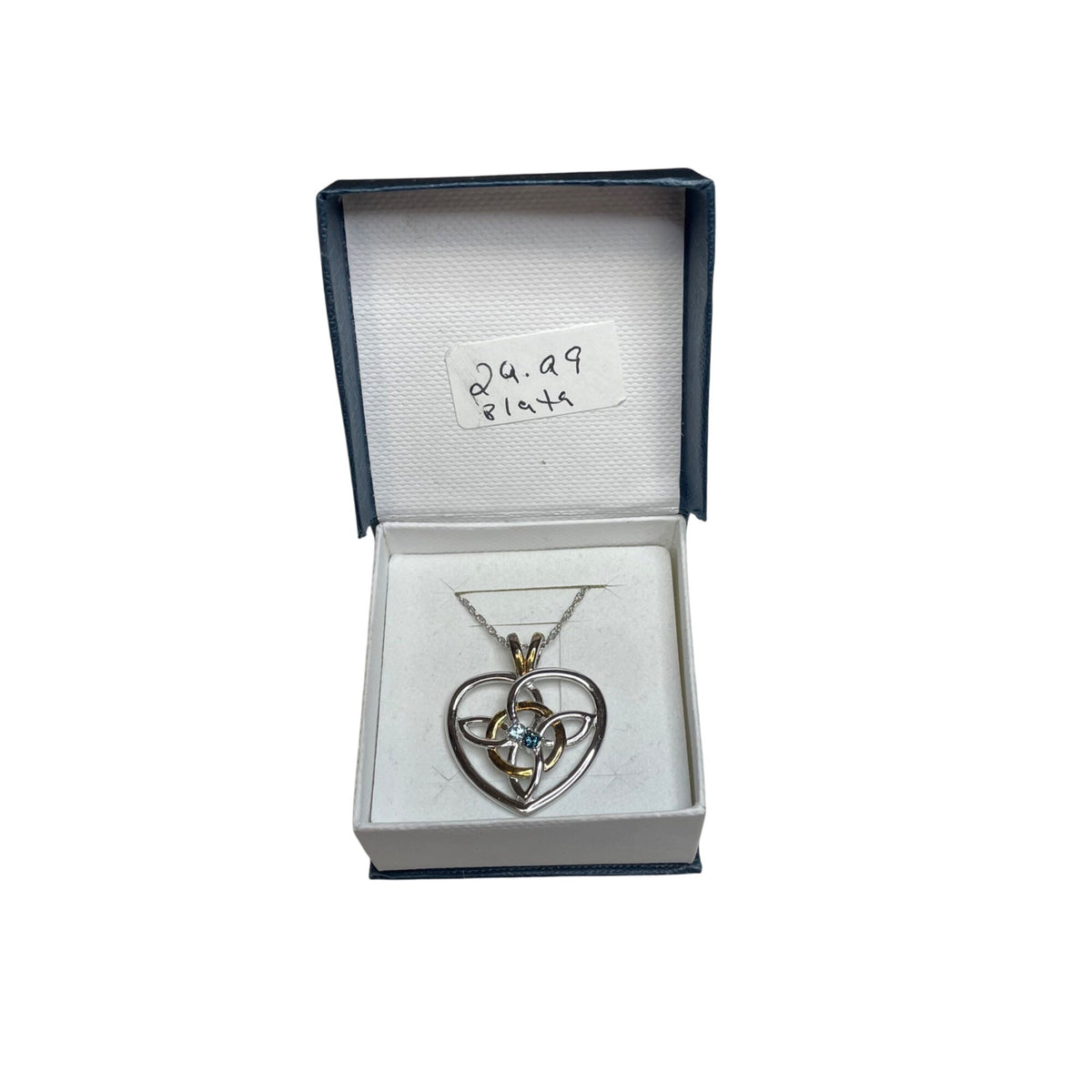 Heart-Shaped Pendant Necklace Womens Silver/Gold Accent with Blue Gem in Gift Box