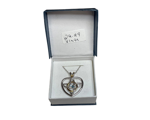 Heart-Shaped Pendant Necklace Womens Silver/Gold Accent with Blue Gem in Gift Box