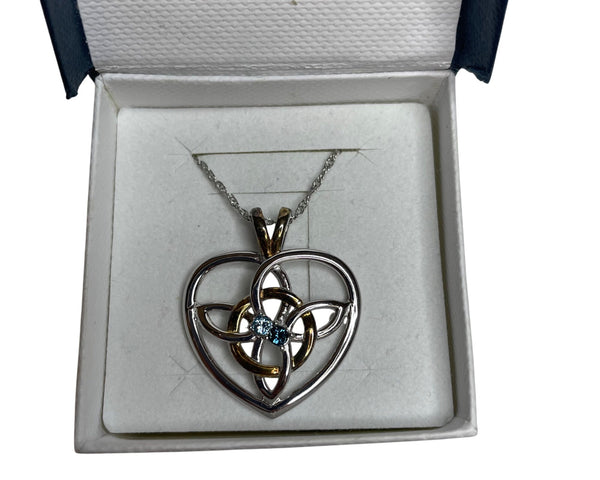 Heart-Shaped Pendant Necklace Womens Silver/Gold Accent with Blue Gem in Gift Box