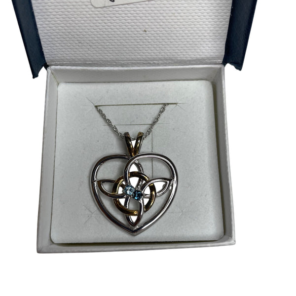 Heart-Shaped Pendant Necklace Womens Silver/Gold Accent with Blue Gem in Gift Box