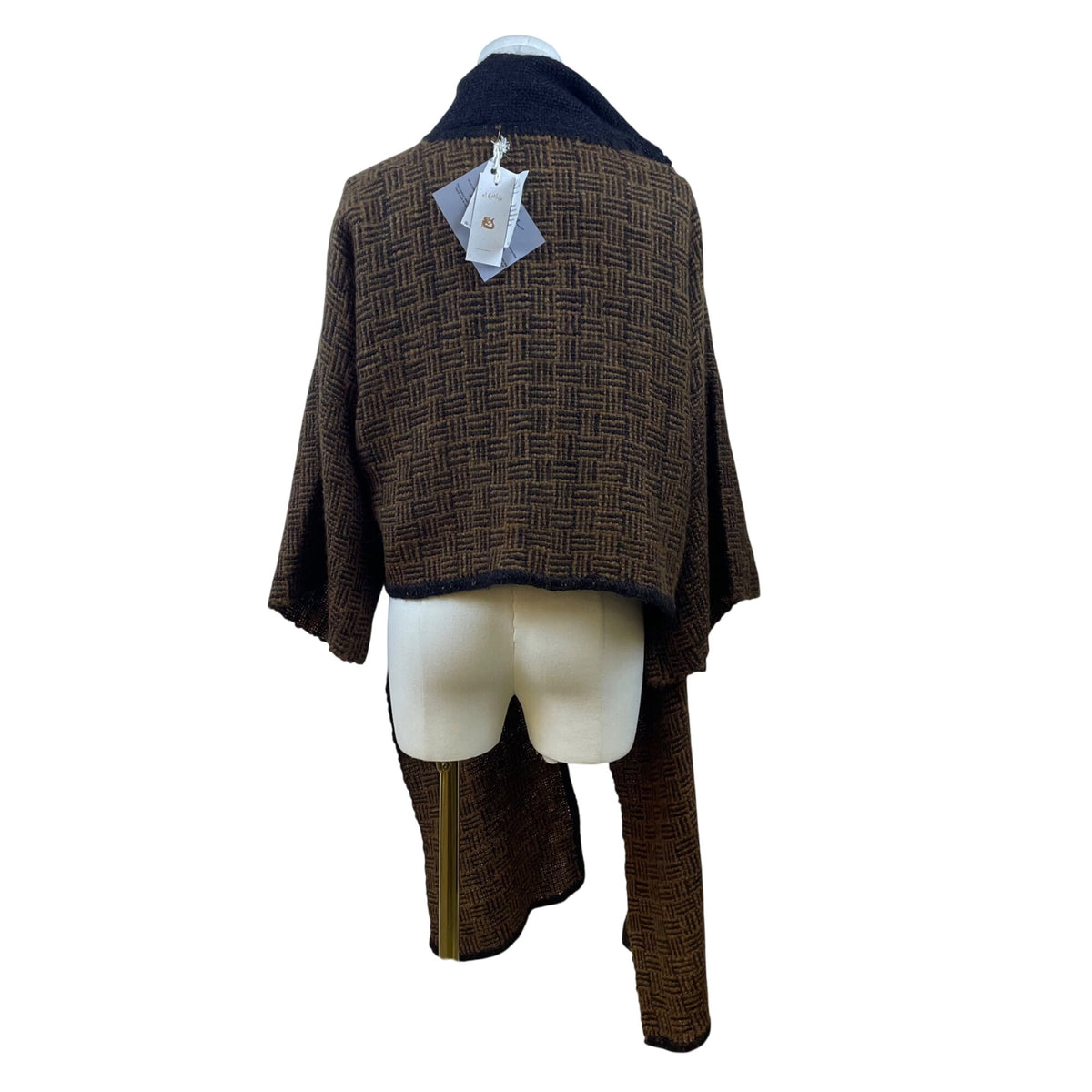 El Canuto Women’s Black Brown Alpaca Wool Geometric Pattern Shawl Wrap OS - New