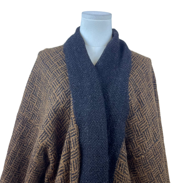 El Canuto Women’s Black Brown Alpaca Wool Geometric Pattern Shawl Wrap OS - New