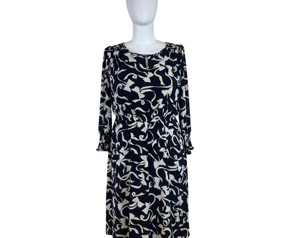 Talbots Black & Ivory Floral Pattern Womens Midi Dress Elastic Waist Lined Sz 1X