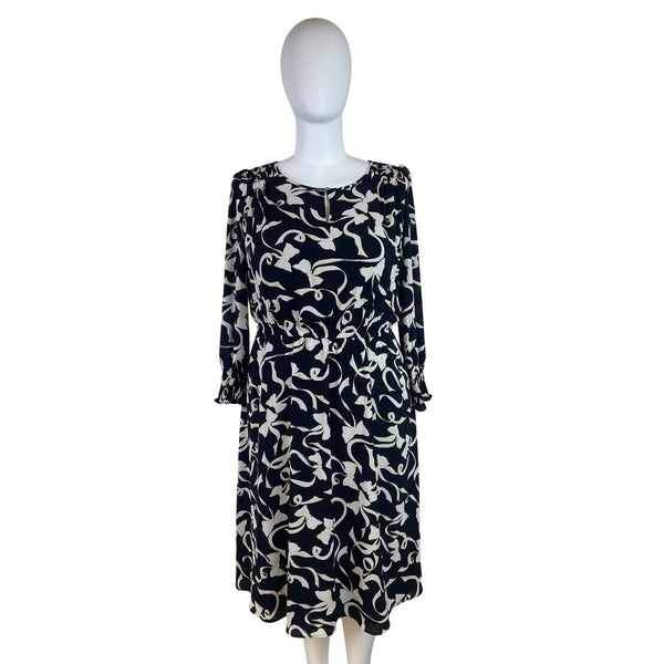 Talbots Black & Ivory Floral Pattern Womens Midi Dress Elastic Waist Lined Sz 1X