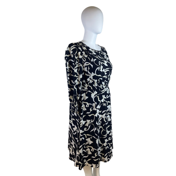 Talbots Black & Ivory Floral Pattern Womens Midi Dress Elastic Waist Lined Sz 1X
