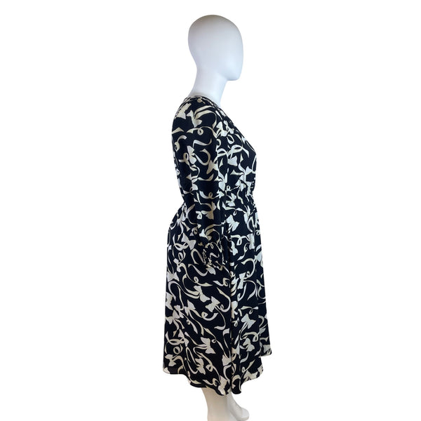 Talbots Black & Ivory Floral Pattern Womens Midi Dress Elastic Waist Lined Sz 1X