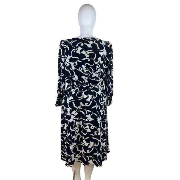 Talbots Black & Ivory Floral Pattern Womens Midi Dress Elastic Waist Lined Sz 1X