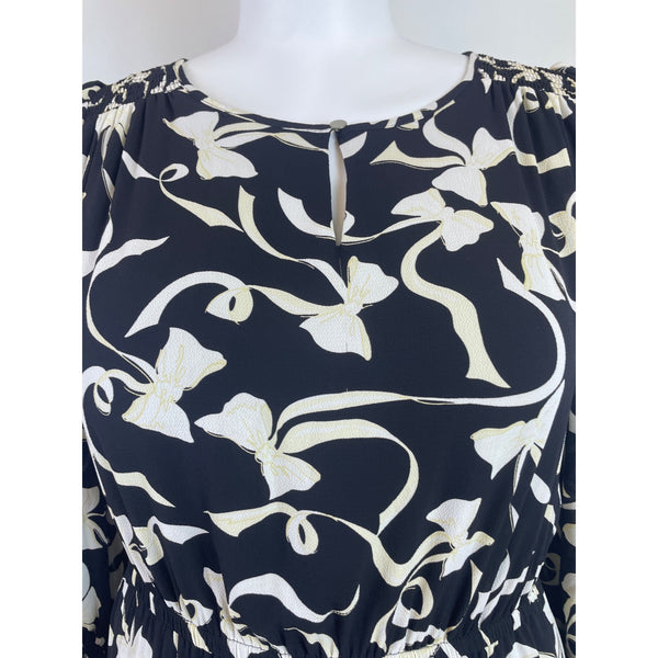 Talbots Black & Ivory Floral Pattern Womens Midi Dress Elastic Waist Lined Sz 1X