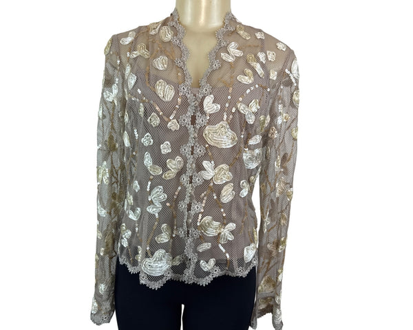 JS Boutique Women's Beige Sheer & Embroidered Long Sleeve Cami Set Sz 10