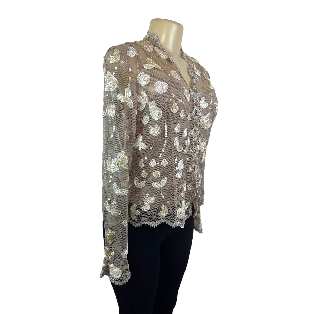 JS Boutique Women's Beige Sheer & Embroidered Long Sleeve Cami Set Sz 10