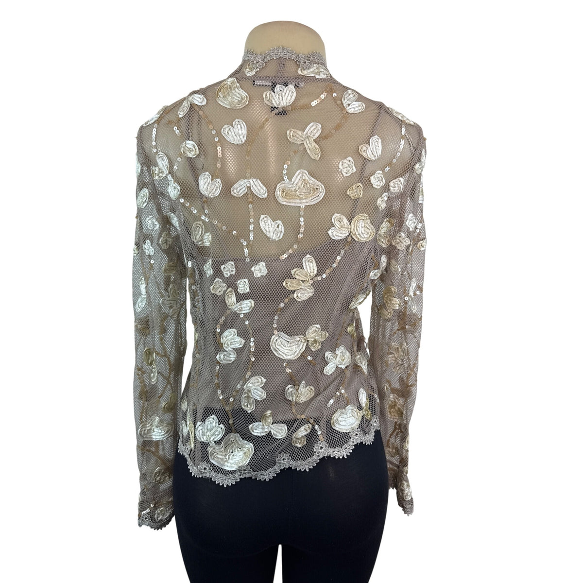 JS Boutique Women's Beige Sheer & Embroidered Long Sleeve Cami Set Sz 10