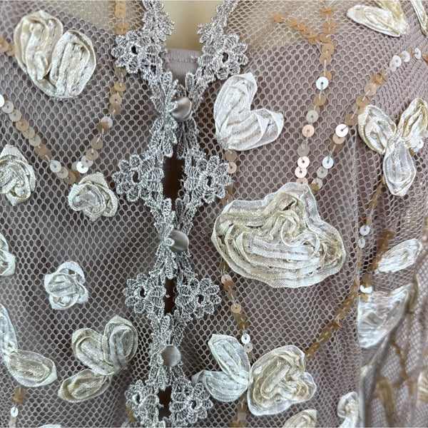 JS Boutique Women's Beige Sheer & Embroidered Long Sleeve Cami Set Sz 10